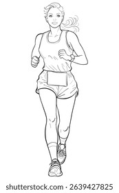 The line art sketch features her in sportswear with a race bib, highlighting athletic determination. Ideal as a coloring page, this outline drawing promotes fitness, exercise, and an active lifestyle.