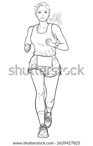 The line art sketch features her in sportswear with a race bib, highlighting athletic determination. Ideal as a coloring page, this outline drawing promotes fitness, exercise, and an active lifestyle.