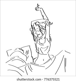 Line art sketch of a girl just waking up
