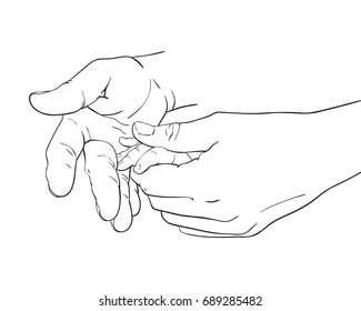 Esboço da arte da linha de mãos da mãe segurando a mão pequena do bebê, conceito de maternidade feliz do amor e da família, ilustração do vetor desenhada da mão isolada no fundo branco