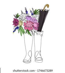 Line art sketch rain boots with flowers and umbrella vector illustration spring summer weather