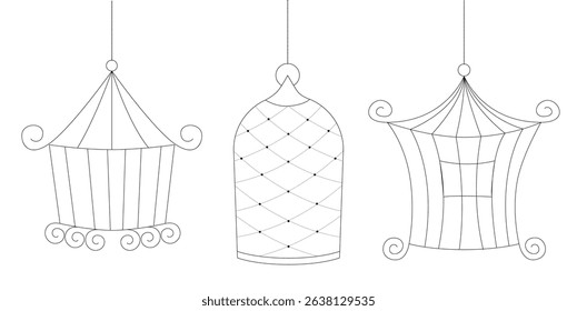 Line art sketch set of bird cages in doodle hand drawn style vector collection of metal cages for keeping birds at home different sizes isolated design