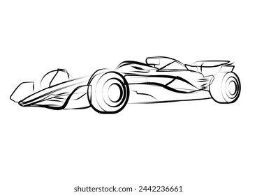 Line art sketch of sports Formula car 2024, side view. Vector line drawing for brochure or t-shirt print.