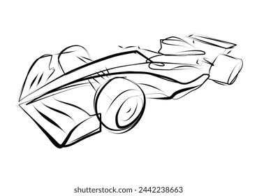 Line art sketch of sports Formula car 2024, side view. Vector line drawing for brochure or t-shirt print.