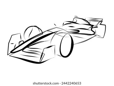 Line art sketch of sports Formula car 2024, side view. Vector line drawing