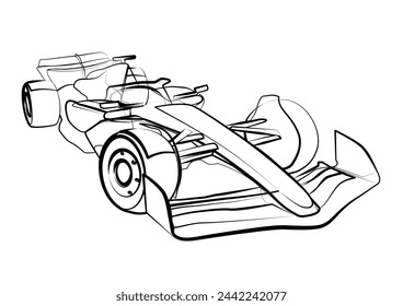 Line art sketch of sports Formula car 2024, side view. Vector line drawing for brochure or t-shirt print.