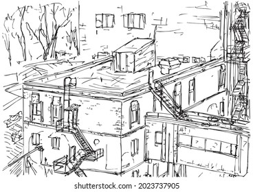 Line art sketch, top view on an industrial brick building, 3 floors, transition between buildings and stairs. One of buildings former a bread factory number 9, Moscow, Russia 