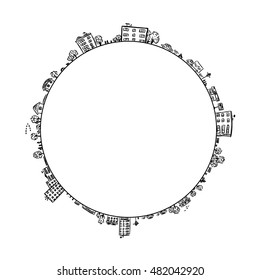 Line art, sketch of town on planet. Vector.