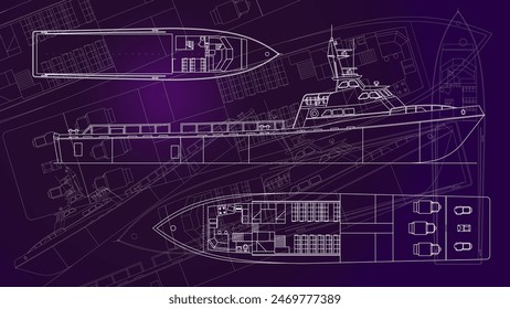 Line art sketch wallpaper of water transportation series. Drafting art. Lines Drawing against dark background. 