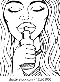 Line art sketch of woman smoking e-cigarette, vector comic sketch of vaping person.