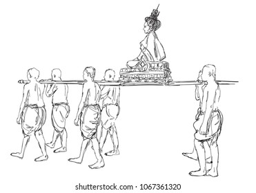 Line art sketch of woman is transported like a queen by six men.