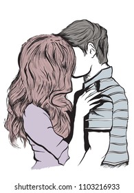 Line art sketch of young couple kissing