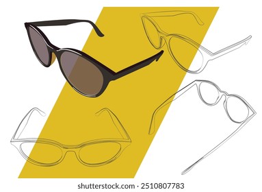 Line art sketches with sunglasses. White and yellow background.