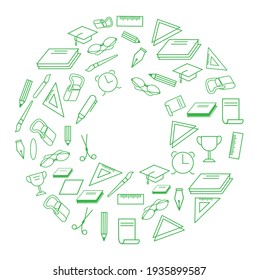 Line art sketchy vector hand drawn set of Back to School cartoon doodle objects, symbols and items. Round composition. EPS 10.