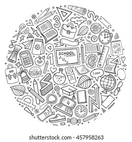 Line art sketchy vector hand drawn set of Back to School cartoon doodle objects, symbols and items. Round composition