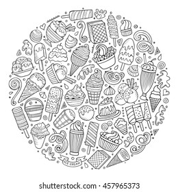 Line art sketchy vector hand drawn set of Ice Cream cartoon doodle objects, symbols and items. Round composition