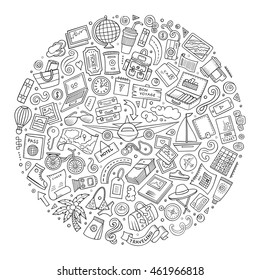 Line art sketchy vector hand drawn set of Travel cartoon doodle objects, symbols and items. Round composition