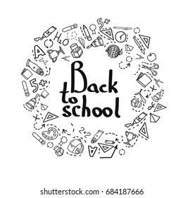 Line art sketchy vector hand drawn cute set of Back to School cartoon doodle objects, symbols and items. Round composition