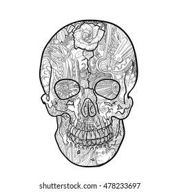 Line art of skull for coloring,sketch with doodle, zentangle, floral elements,tattoo,emblem