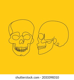 Line art skull. Contour drawing continuous one line with human skull. One single drawn line art doodle dead, horror, black, death, head, skull, human, face. Vector design isolated on white background