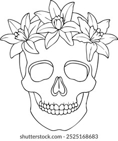 Crânio de arte de linha com flores, vetor isolado para Dia de los Muertos, decorações de Halloween, padrões de vestuário