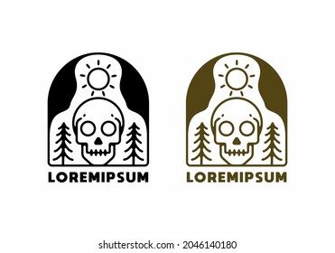 Line art of skull and pine trees in frame design