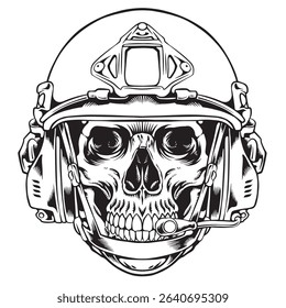 Line art skull uses tactical military helmet with premium quality vector illustration