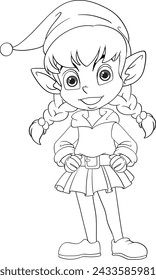 Line art of a smiling elf in festive attire.