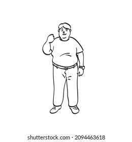 line art smiling fat man arm raising up showing power strong illustration vector hand drawn isolated on white background