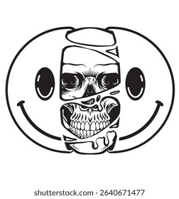Line art smiling skull skeleton smiling face. Half skull emoticons, emojis with logo illustration