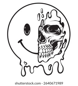 Line art smiling skull skeleton smiling face emoticon. Half skull emoticon, emojis with logo illustration
