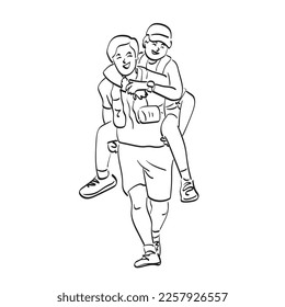 line art smiling sporty couple piggy back illustration vector hand drawn isolated white background