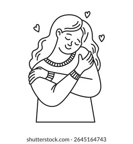 Fileira de uma mulher sorridente abraçando-se cercada por corações. A ilustração transmite amor próprio e positividade. O estilo preto e branco enfatiza a simplicidade.