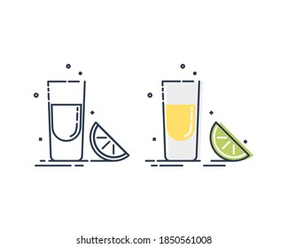 Line Art Snack Tequila Limette. mexikanisches Getränk. Weißer Hintergrund. Lecker Snack. Nahaufnahme. Trendy Obstfutter Design. Farbminimalismus-Einfachheit-Zeichen. Alkoholisches Produkt zur Illustration von Restaurants.
