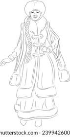 Line art of Snow Maiden with long braid in an ancient fur coat with long sleeves. Vector illustration of granddaughter of Ded Moroz in an ancient fur coat, fur hat, mittens, skirt and boots.