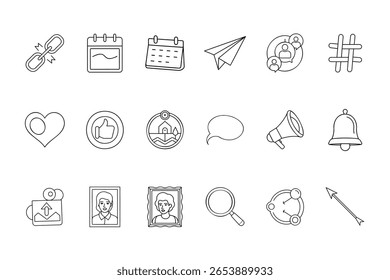 Line art social media icons including a link calendar paper airplane arrow symbols