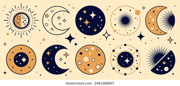 Line art and solar scheme. Moons, suns and stars for astronomy and mystical designs. Esoteric icons