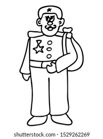Line art soldier on a white background. The man is drawn in Doodle style. Isolated illustration. Line art for design of cards, children's books.