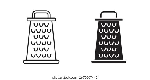 Line art and solid black icons of a kitchen grater, isolated on white. Perfect for culinary websites or apps.