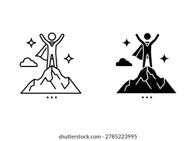 Line art and solid black vector illustrations of a person in a cape standing on a mountain summit with arms raised. Stars and clouds surround the figure.