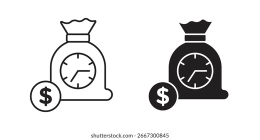 Line art and solid icon of a money bag with a clock inside, symbolizing time is money. Isolated on white.