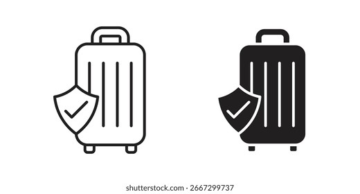 Arte de línea e iconos sólidos de una maleta con una marca de verificación dentro de un escudo, que significa protección de viaje.