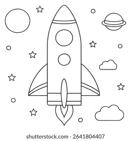 Line art space rocket flying with stars and moon in a minimal night sky theme illustration