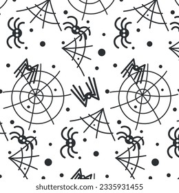 line art spider and cobweb, patern, white background, for textiles, background on the theme of Halloween