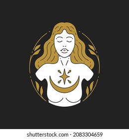 Line Art Spiritual Mystic Woman With Naked Breath At Golden Circle Frame With Closed Eyes Hand Drawn Logo Vector Illustration. Magic Meditative Female Half Moon And Star On Body Outline Minimal Icon