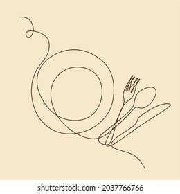 Line art spoon fork knife and plate vector 