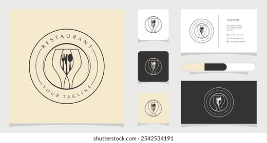 Line Art of  Spoon Fork Plate Knife Glass for Dining Restaurant logo design and business card