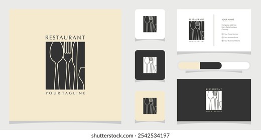Line Art of  Spoon Fork Plate Knife Glass for Dining Restaurant logo design and business card