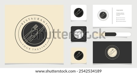 Line Art of  Spoon Fork Plate Knife Glass for Dining Restaurant logo design and business card