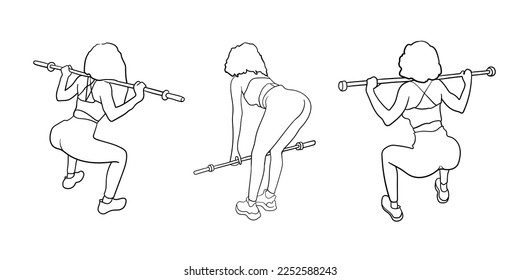 Line art sports girl clipart with a barbell from different angles on a white background. Fitness outline vector illustration